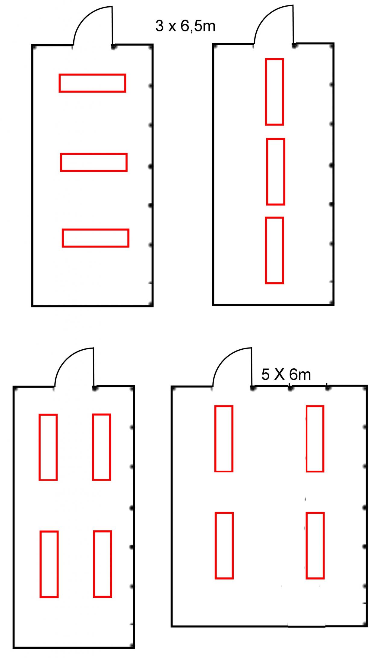 Kuva, jossa on neljä eri pohjaratkaisua, joilla valaisimet voidaan sijoittaa huoneeseen. 